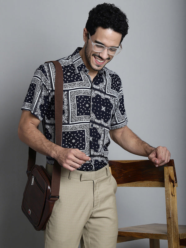 Jainish Men's Paisley Printed Formal Shirts - Navy Blue - Distacart