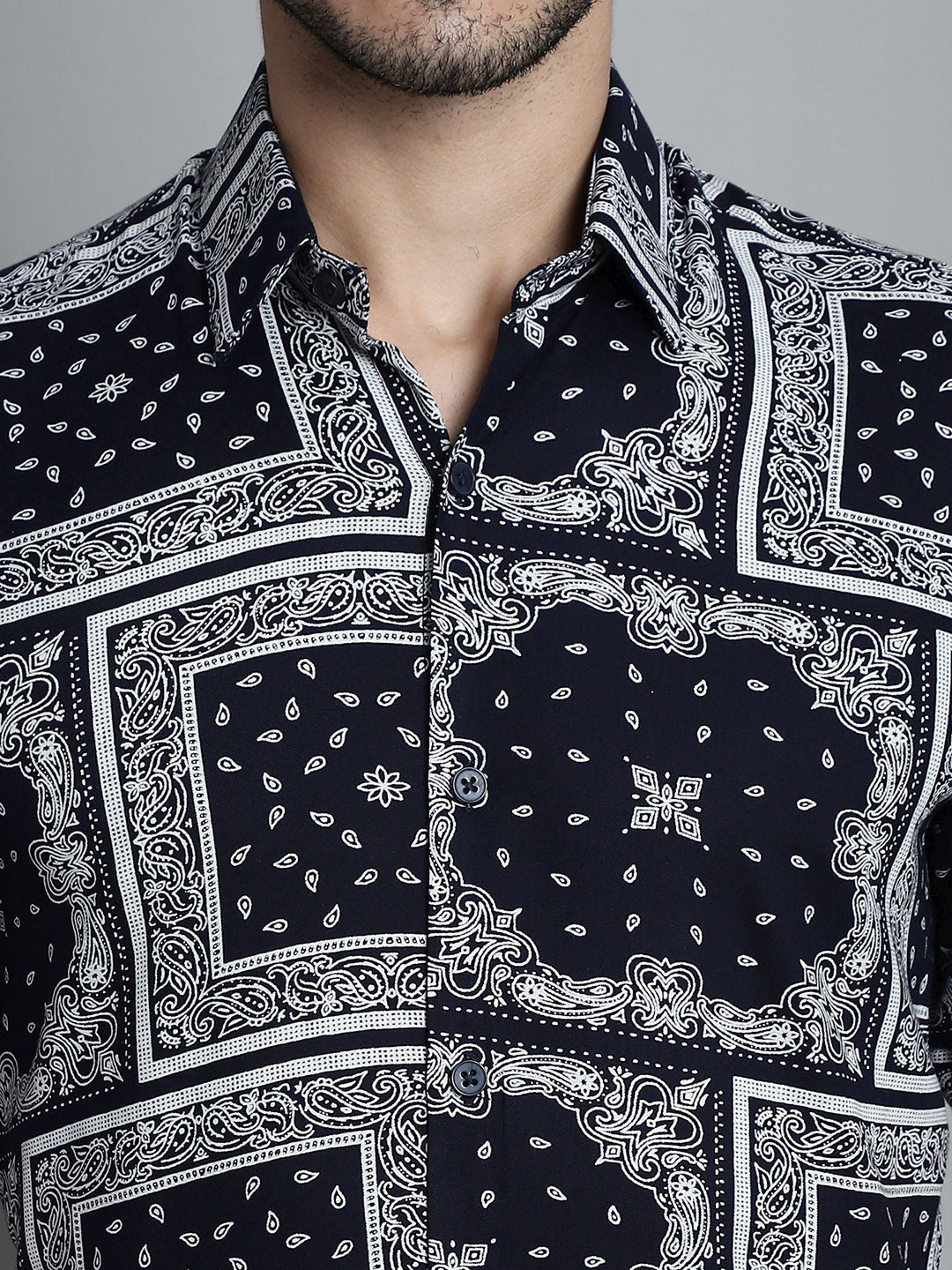 Jainish Men's Paisley Printed Formal Shirts - Navy Blue - Distacart