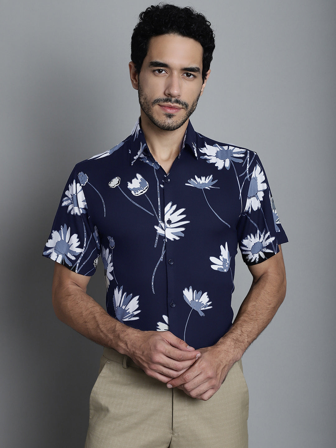 Jainish Men's Floral Printed Formal Shirts - Navy Blue - Distacart