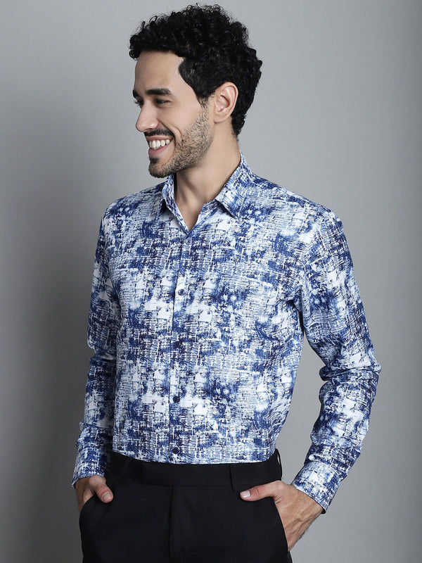 Jainish Men's Geomatric Printed Formal Shirts - Blue - Distacart