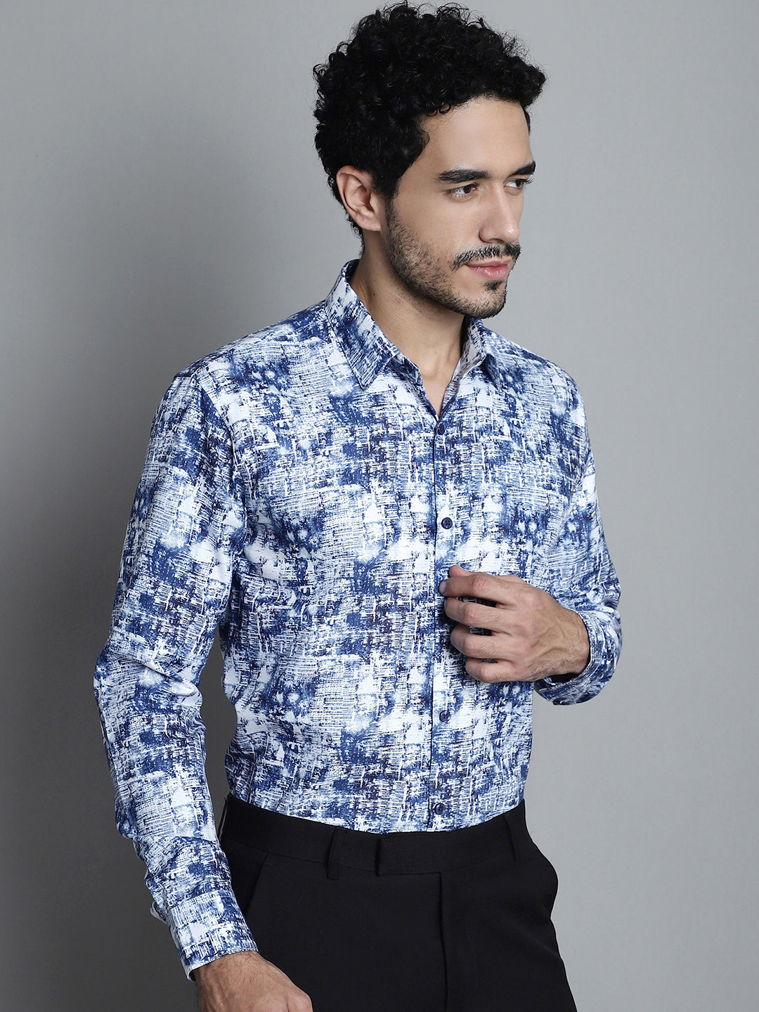 Jainish Men's Geomatric Printed Formal Shirts - Blue - Distacart