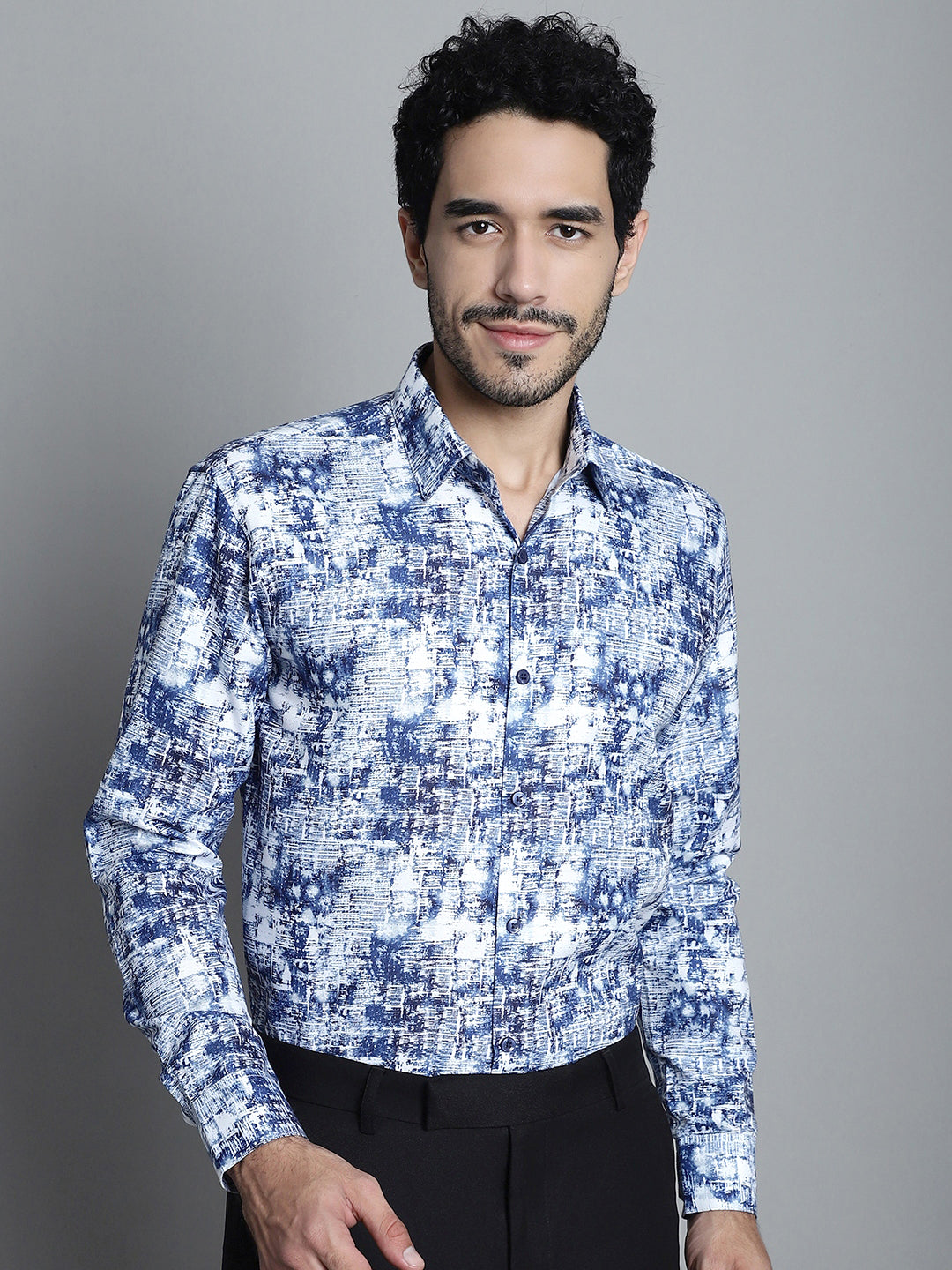 Jainish Men's Geomatric Printed Formal Shirts - Blue - Distacart