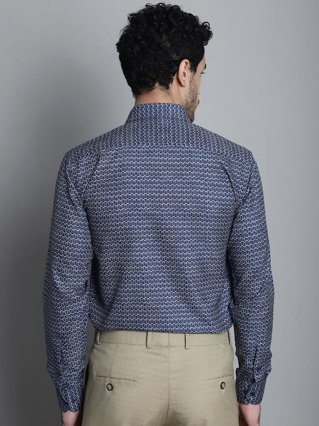 Jainish Men's Geomatric Printed Formal Shirts - Navy Blue - Distacart