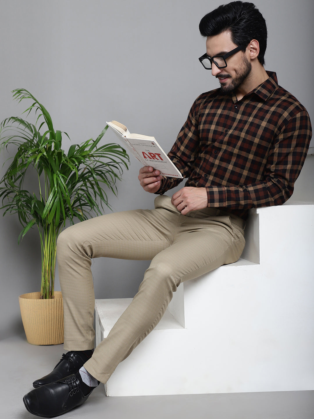 Indian Needle Men's Checked Formal Shirt - Brown - Distacart