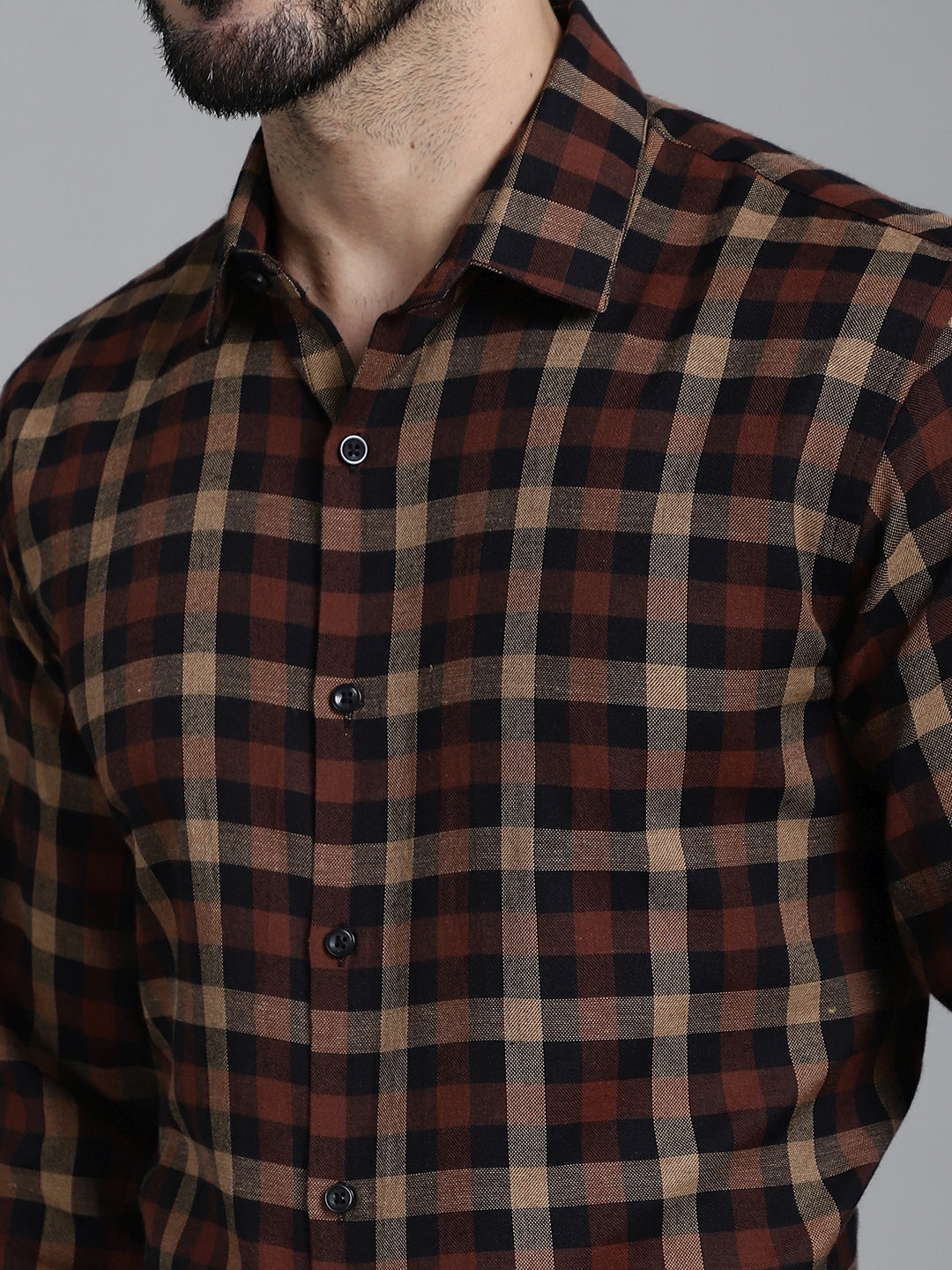 Indian Needle Men's Checked Formal Shirt - Brown - Distacart