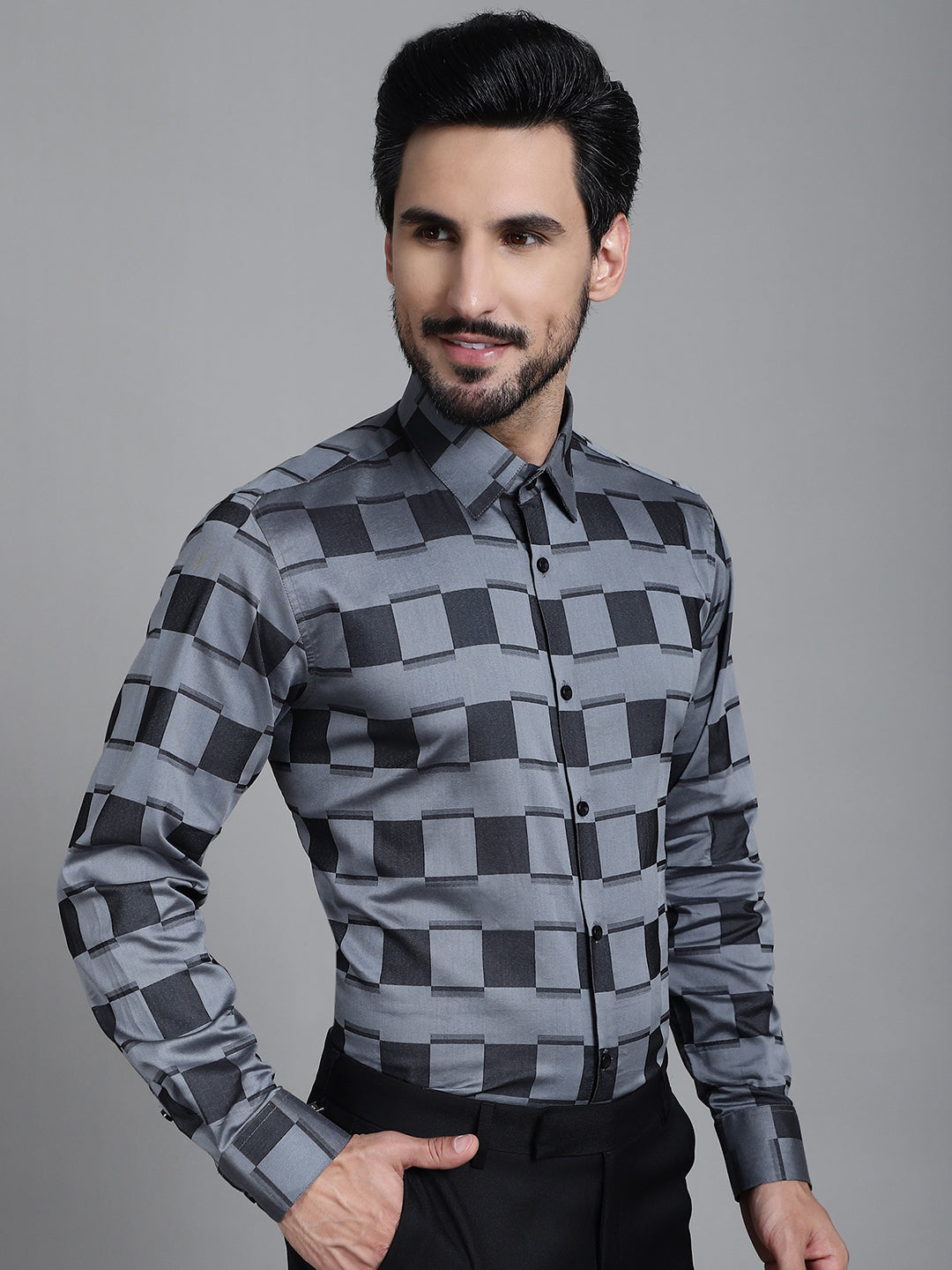 Indian Needle Men's Printed Formal Shirt - Grey - Distacart