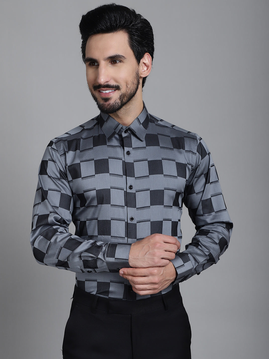 Indian Needle Men's Printed Formal Shirt - Grey - Distacart