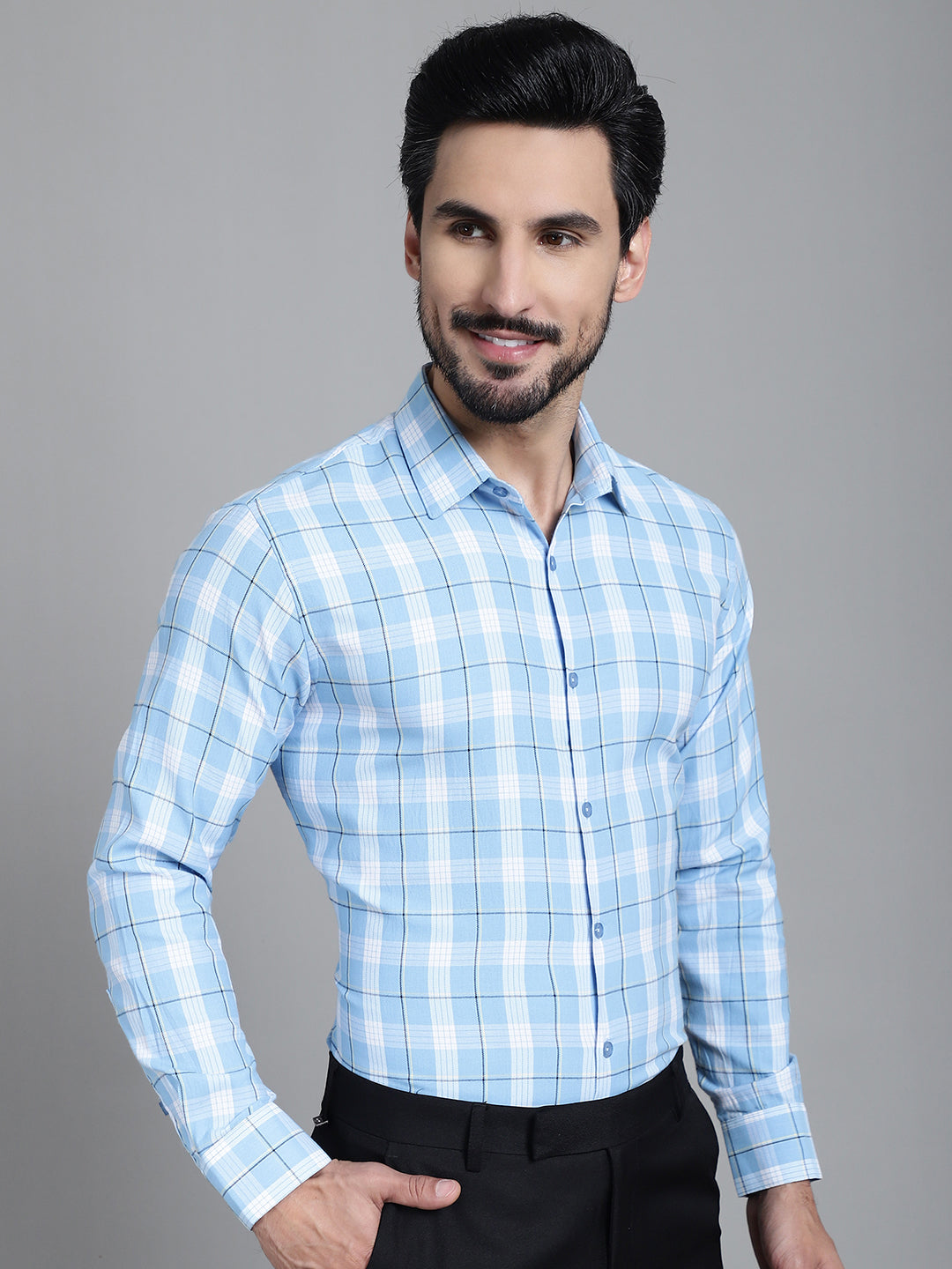 Indian Needle Men's Checked Formal Shirt - Sky Blue - Distacart