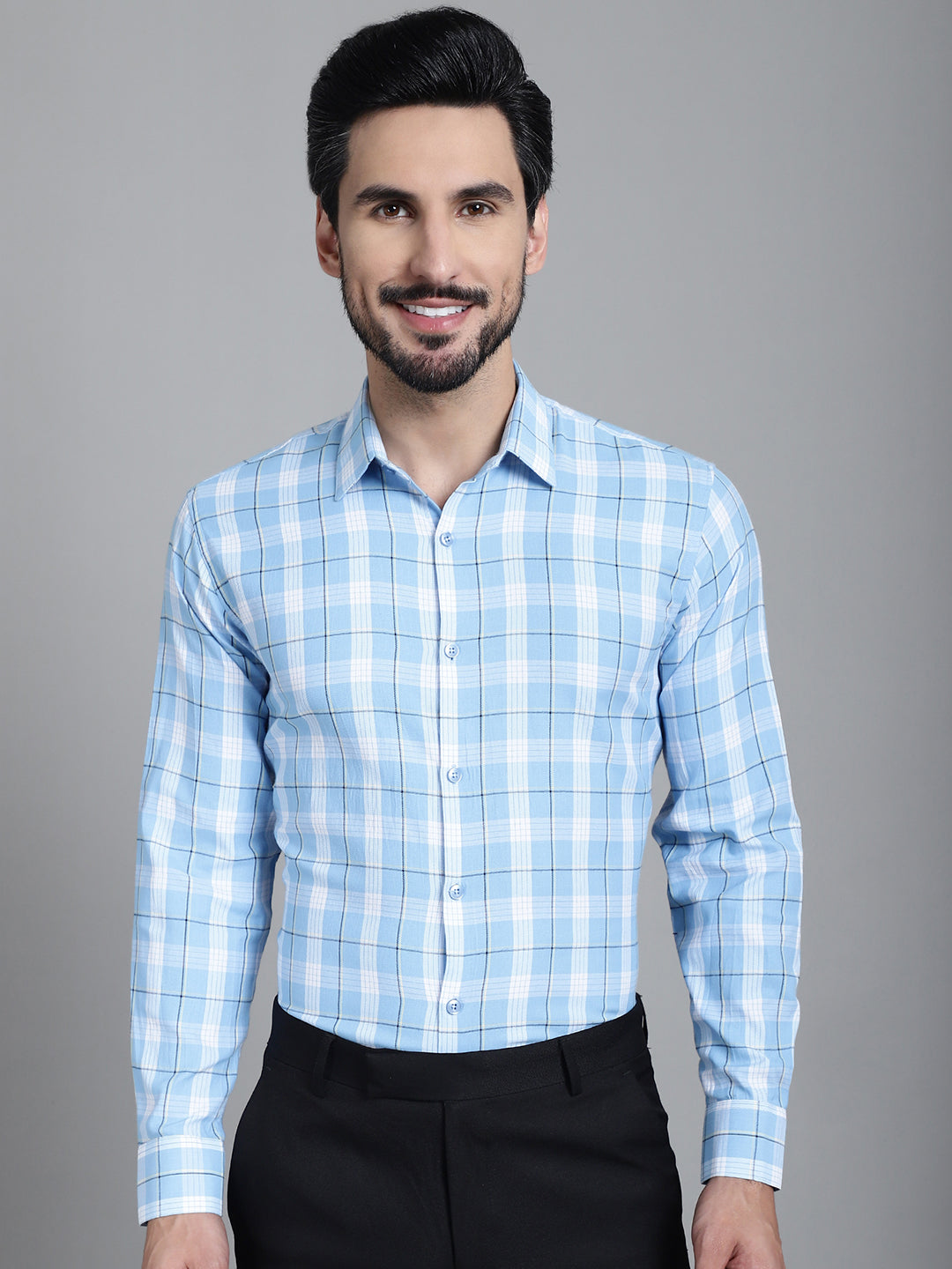Indian Needle Men's Checked Formal Shirt - Sky Blue - Distacart