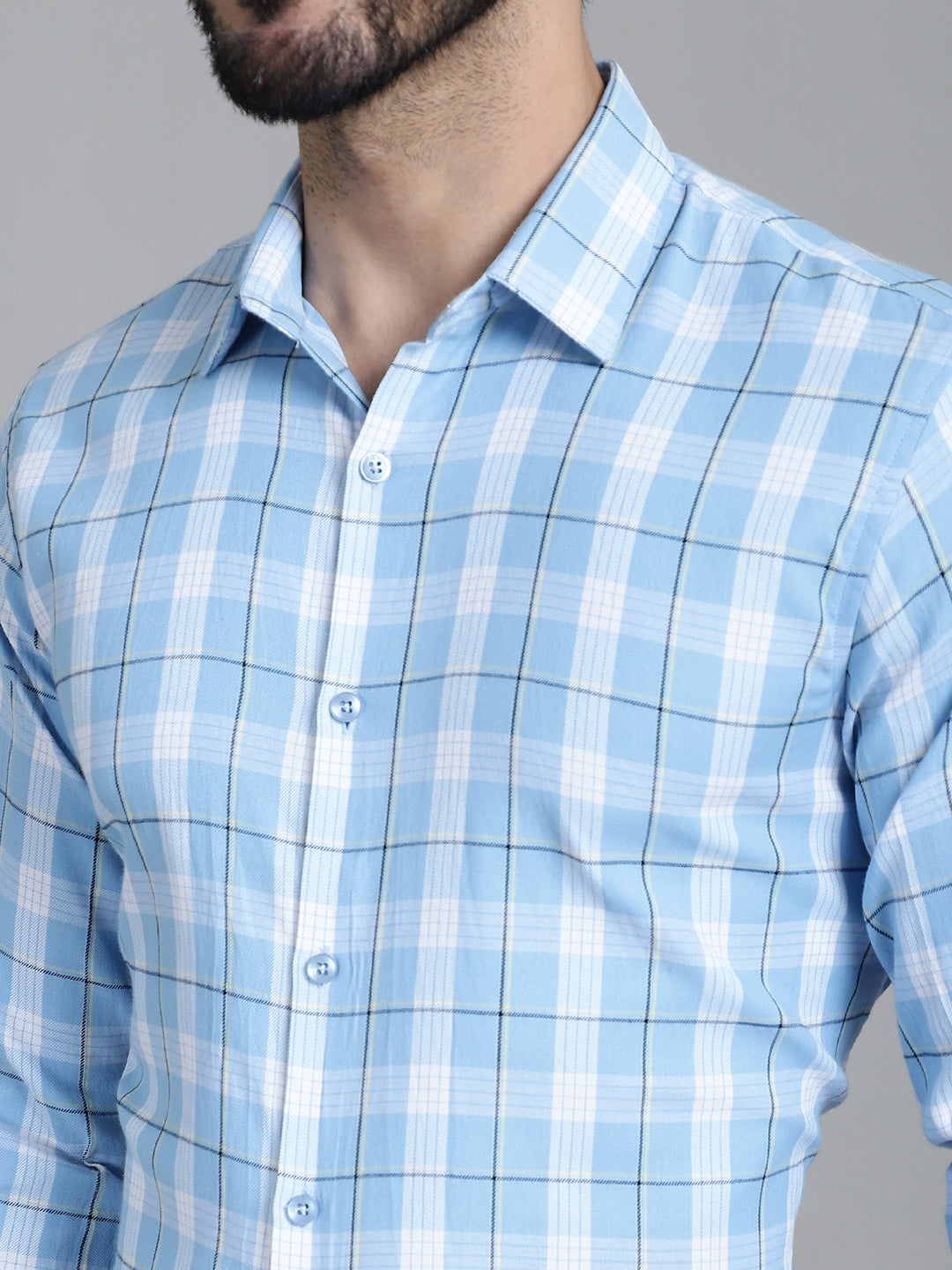 Indian Needle Men's Checked Formal Shirt - Sky Blue - Distacart