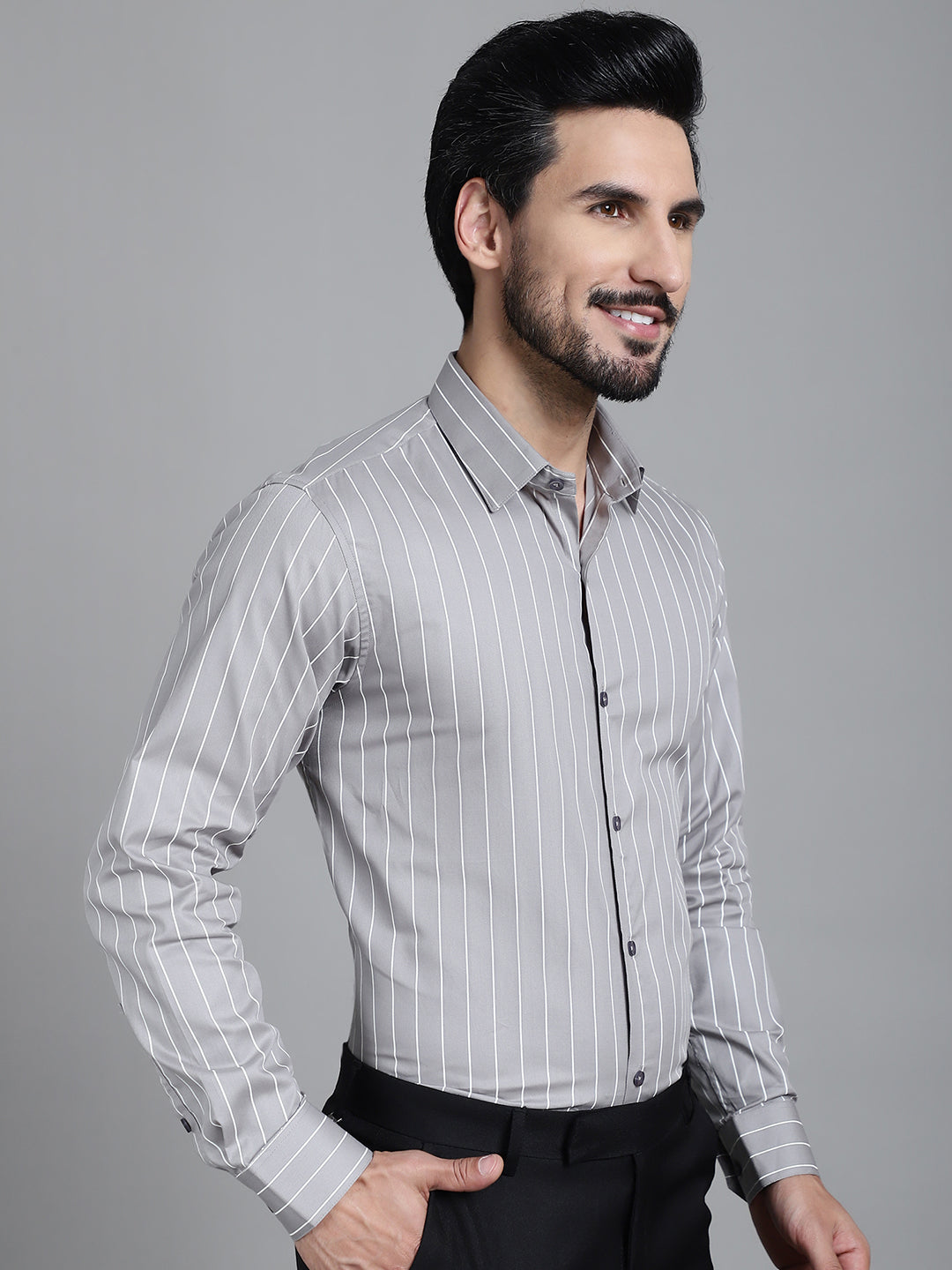 Indian Needle Men's Striped Formal Shirt - Grey - Distacart