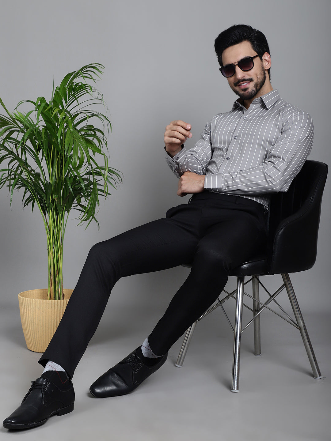 Indian Needle Men's Striped Formal Shirt - Grey - Distacart