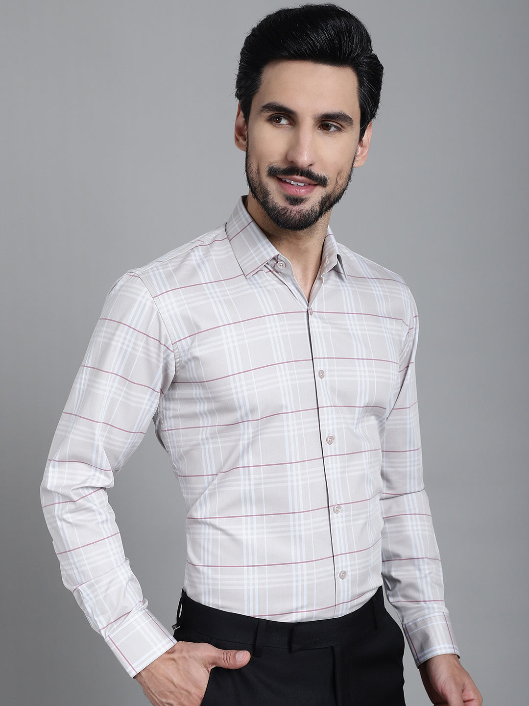 Indian Needle Men's Checked Formal Shirt - Cream - Distacart