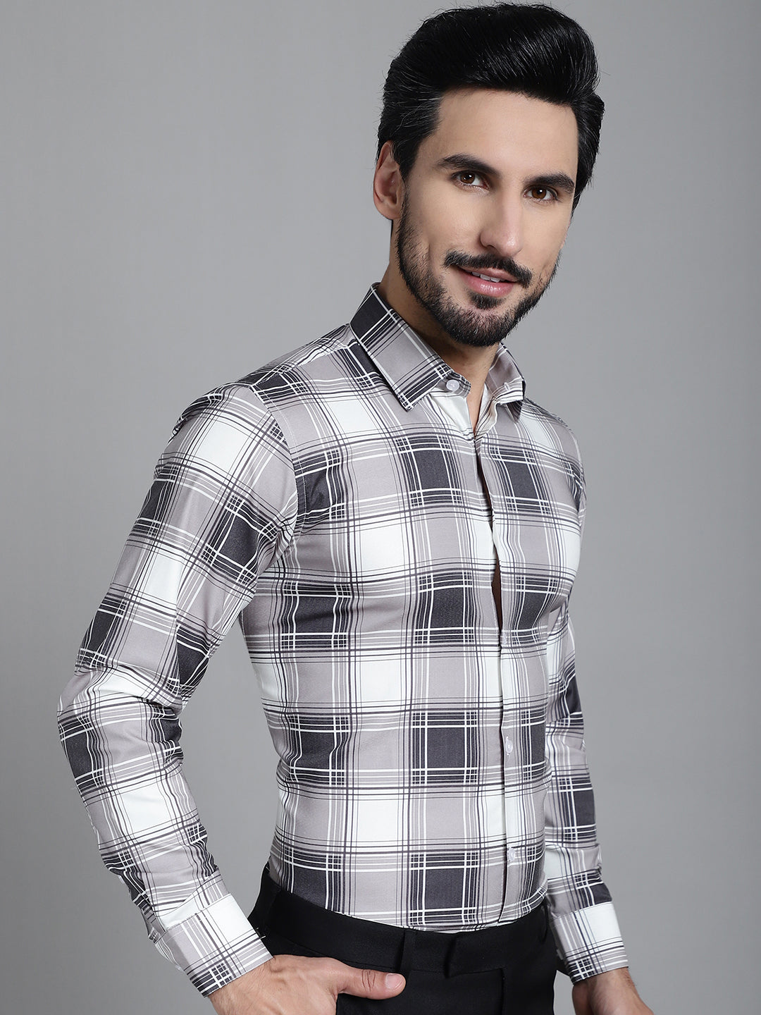 Indian Needle Men's Checked Formal Shirt - Grey - Distacart
