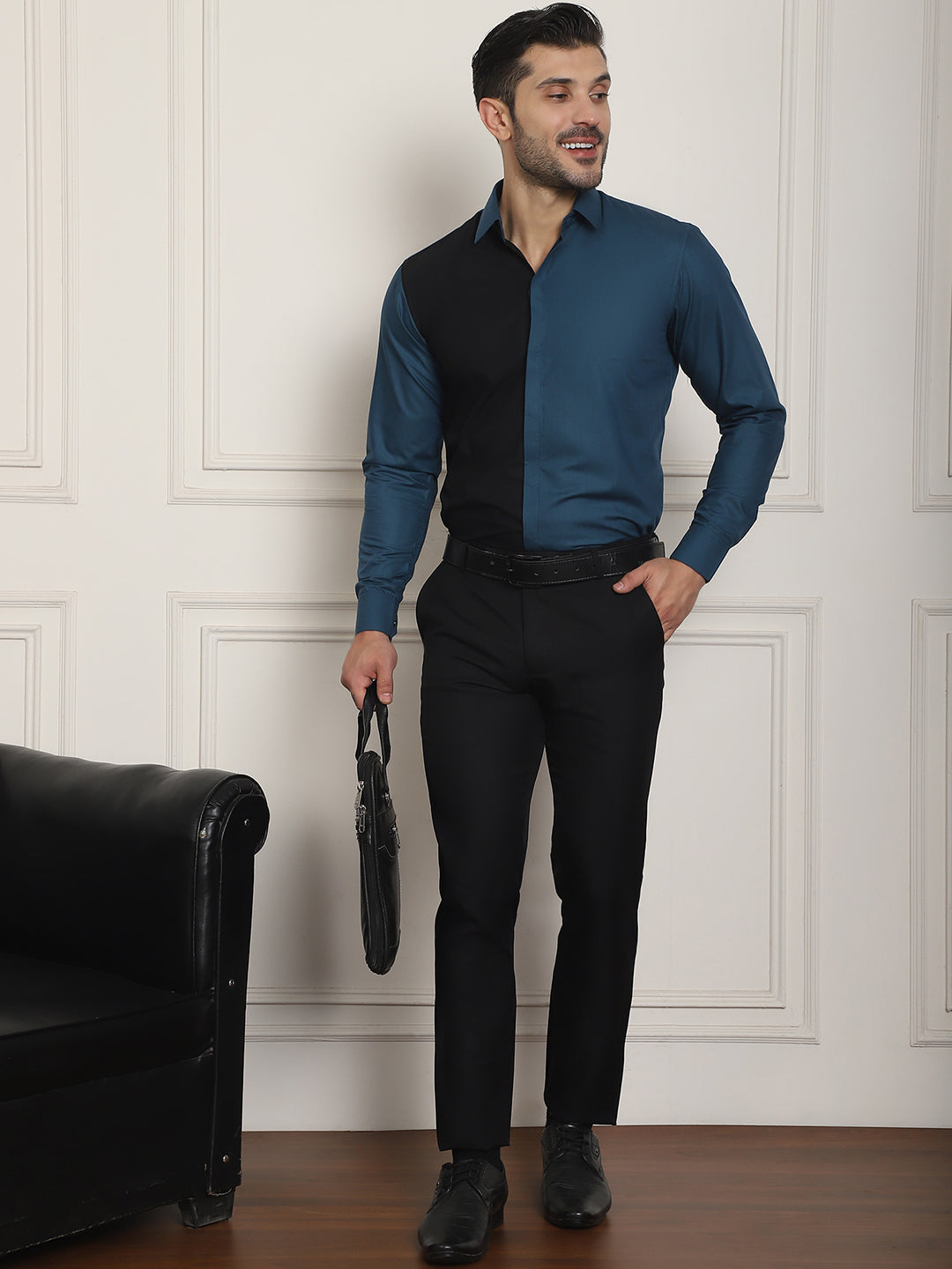 Indian Needle Men's Premium Cotton Satin Formal Shirt - Peacock - Distacart