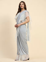 Thumbnail for Light Grey Lycra Solid Ready to Wear Saree with stitched Blouse - Nita - Distacart