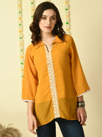 Thumbnail for Myshka Women's Mustard Embroidered Party Fusion Top - Distacart