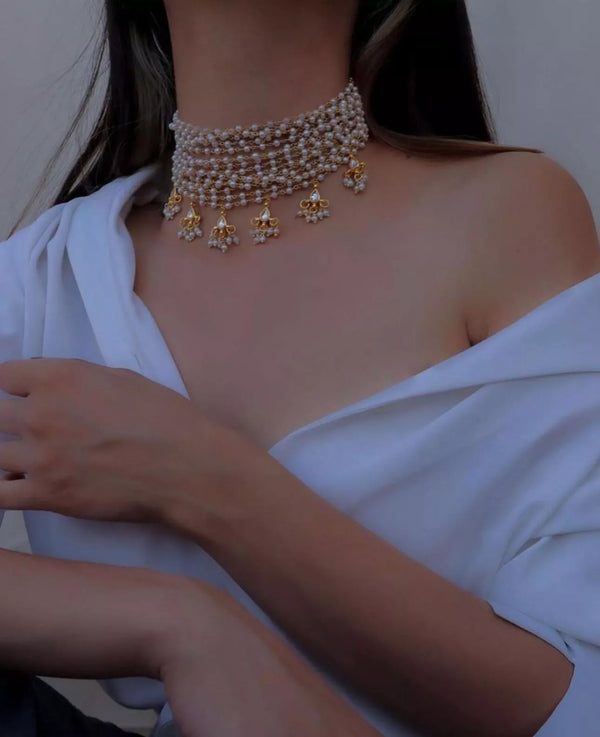 Jewel City Exquisite Gold-Plated Pearl Choker Necklace Set - Traditional Indian Bridal Jewelry Hanging Pearls