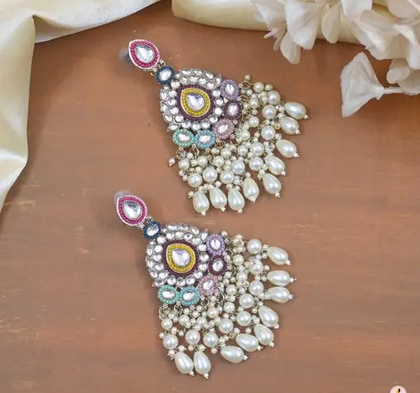 Jewel City Handcrafted Multicolor Kundan Pearl Chandbali Earrings | Traditional Ethnic Gold-Plated Indian Jewelry