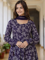 Thumbnail for Anouk Purple Floral Printed Empire Pure Cotton Anarkali Kurta With Pyjama & Dupatta - Distacart