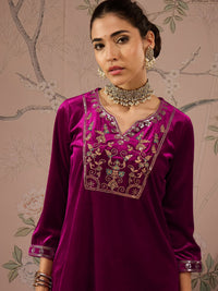 Thumbnail for Lyush Women Fuchsia Velvet Embroidered Short Kurta With Palazzo Pants
