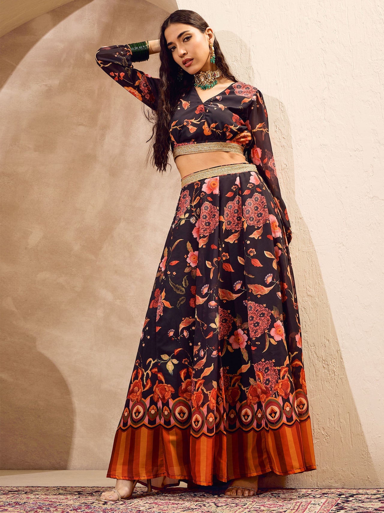 Lyush Women Black Floral Wrap Crop Top With Anarkali Skirt