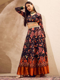 Thumbnail for Lyush Women Black Floral Wrap Crop Top With Anarkali Skirt
