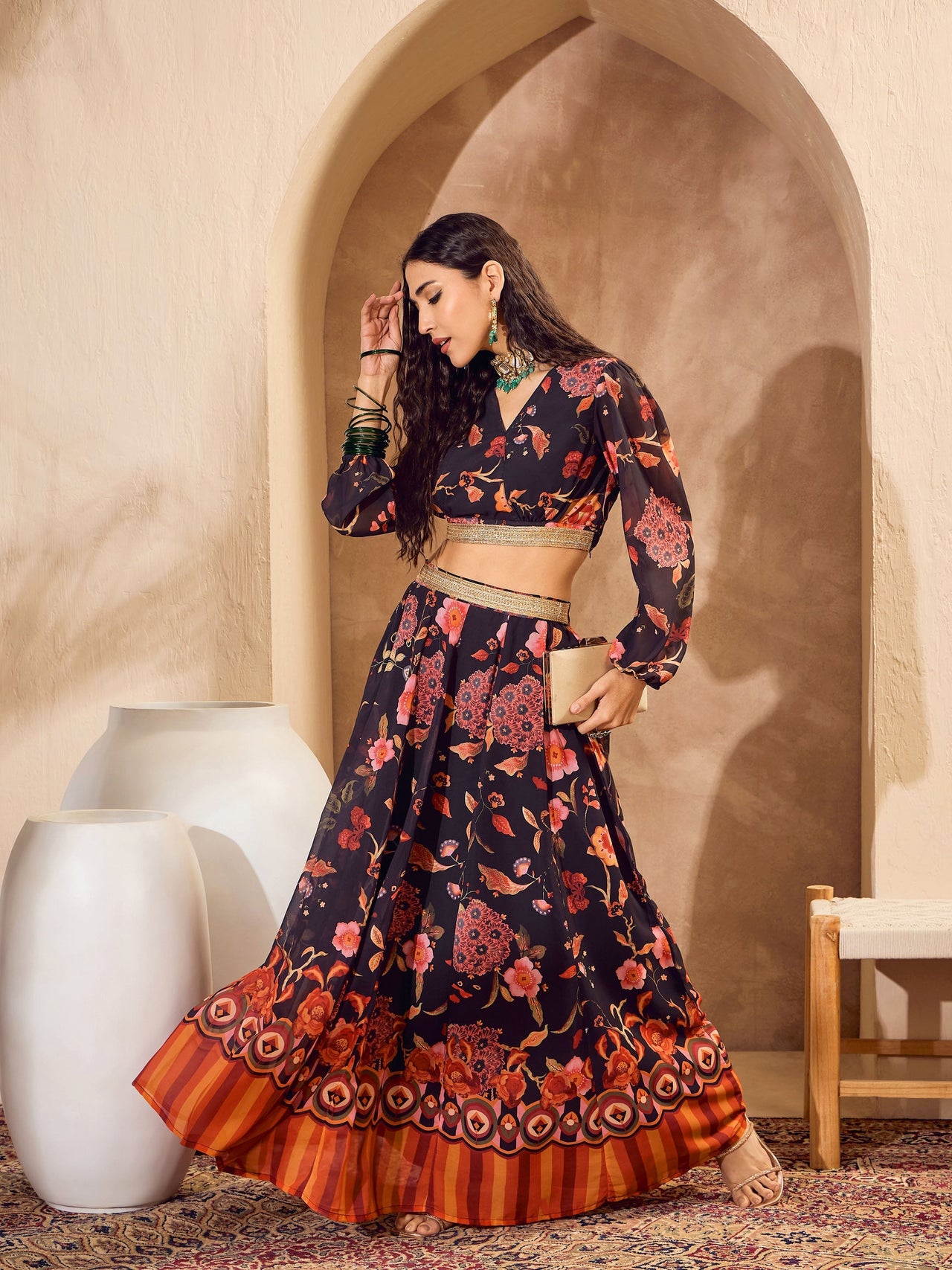 Lyush Women Black Floral Wrap Crop Top With Anarkali Skirt