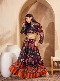 Thumbnail for Lyush Women Black Floral Wrap Crop Top With Anarkali Skirt