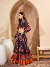 Thumbnail for Lyush Women Black Floral Wrap Crop Top With Anarkali Skirt