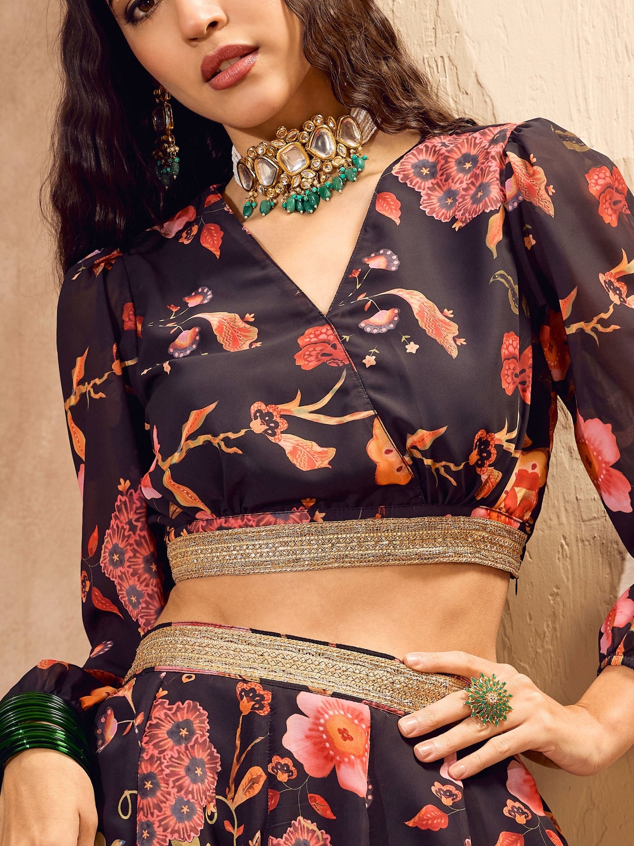 Lyush Women Black Floral Wrap Crop Top With Anarkali Skirt