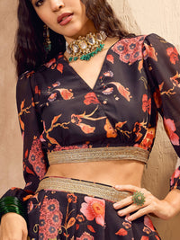 Thumbnail for Lyush Women Black Floral Wrap Crop Top With Anarkali Skirt