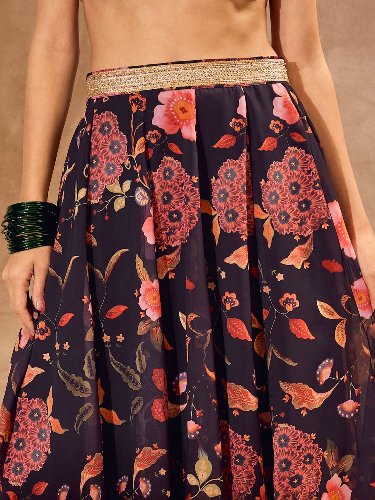 Lyush Women Black Floral Wrap Crop Top With Anarkali Skirt