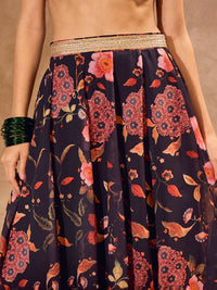 Thumbnail for Lyush Women Black Floral Wrap Crop Top With Anarkali Skirt