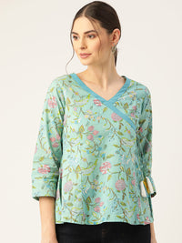Thumbnail for Lyush Women Sea Green Floral Angrakha Top