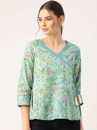 Thumbnail for Lyush Sea Green Floral Angrakha Top