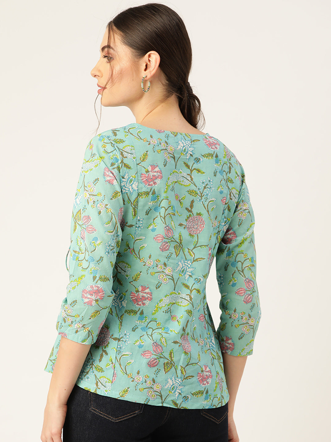 Lyush Women Sea Green Floral Angrakha Top