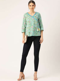 Thumbnail for Lyush Sea Green Floral Angrakha Top