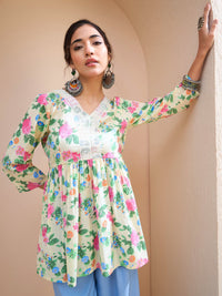 Thumbnail for Lyush Women Lime Yellow Floral Cambric V Neck Peplum Kurti