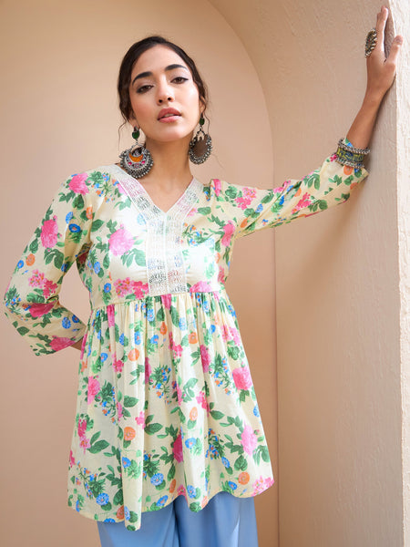 Lyush Women Lime Yellow Floral Cambric V Neck Peplum Kurti