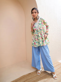Thumbnail for Lyush Women Lime Yellow Floral Cambric V Neck Peplum Kurti