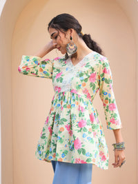 Thumbnail for Lyush Women Lime Yellow Floral Cambric V Neck Peplum Kurti