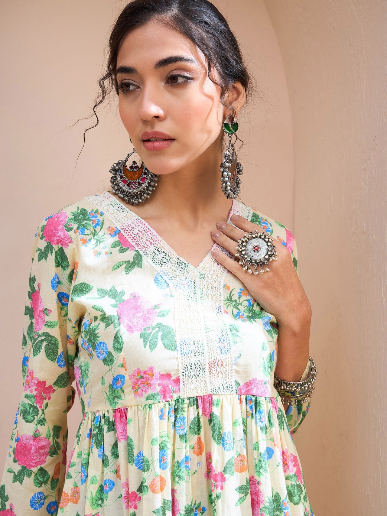 Lyush Women Lime Yellow Floral Cambric V Neck Peplum Kurti