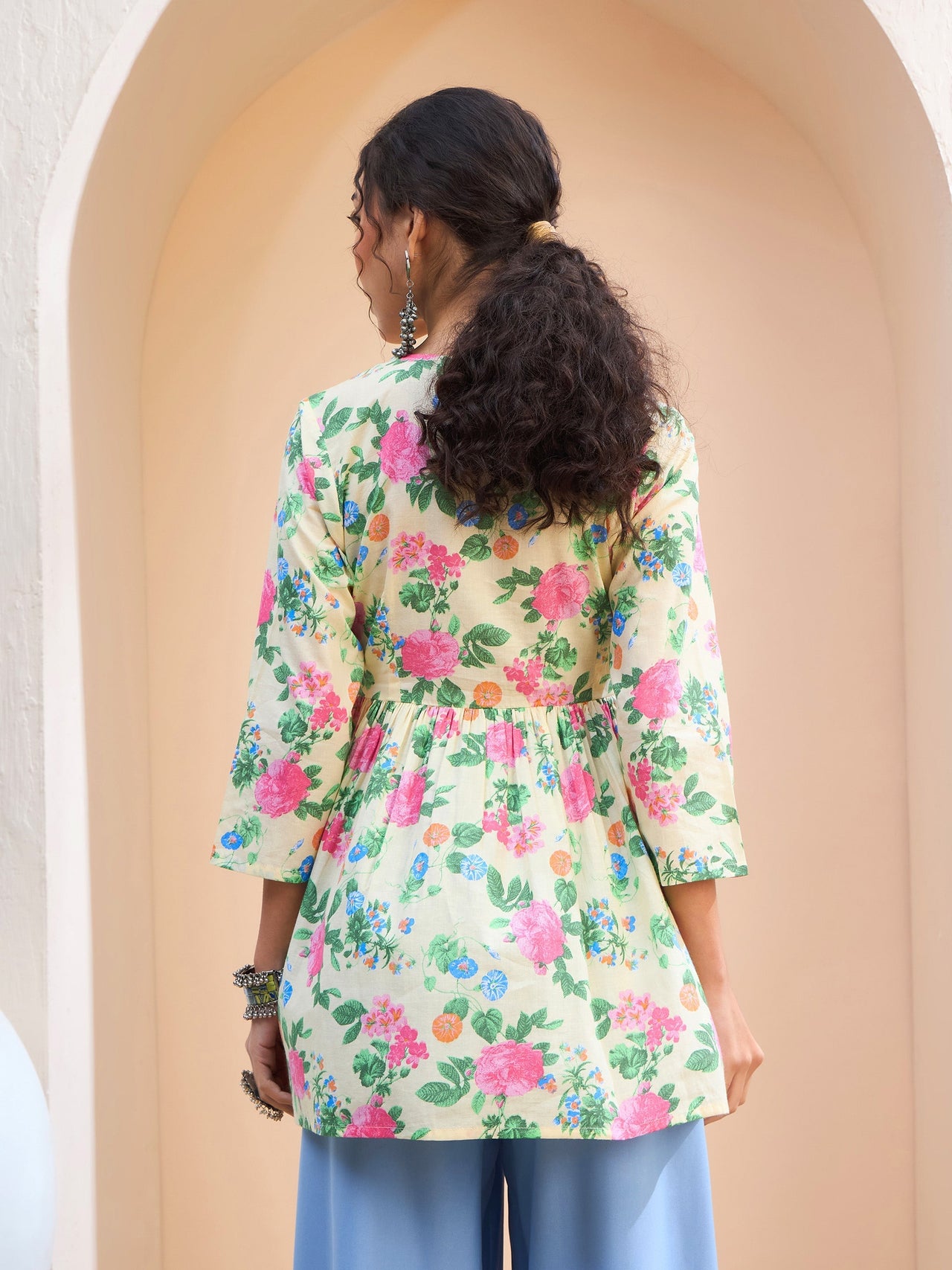 Lyush Women Lime Yellow Floral Cambric V Neck Peplum Kurti