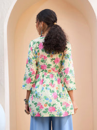 Thumbnail for Lyush Women Lime Yellow Floral Cambric V Neck Peplum Kurti