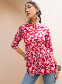 Thumbnail for Lyush Women Red Floral Buttoned Gathered Kurti