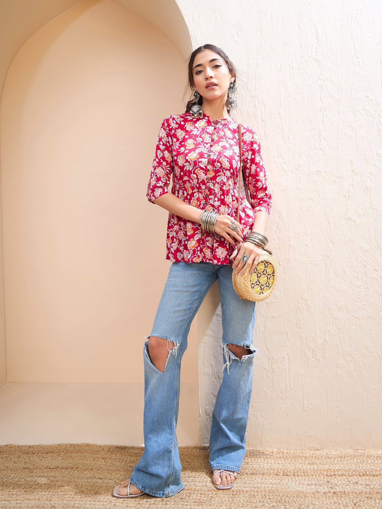 Lyush Women Red Floral Buttoned Gathered Kurti