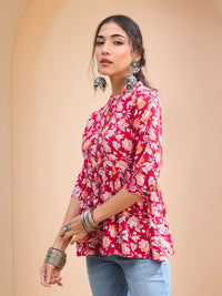 Thumbnail for Lyush Women Red Floral Buttoned Gathered Kurti