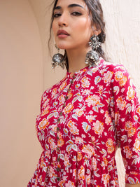 Thumbnail for Lyush Women Red Floral Buttoned Gathered Kurti
