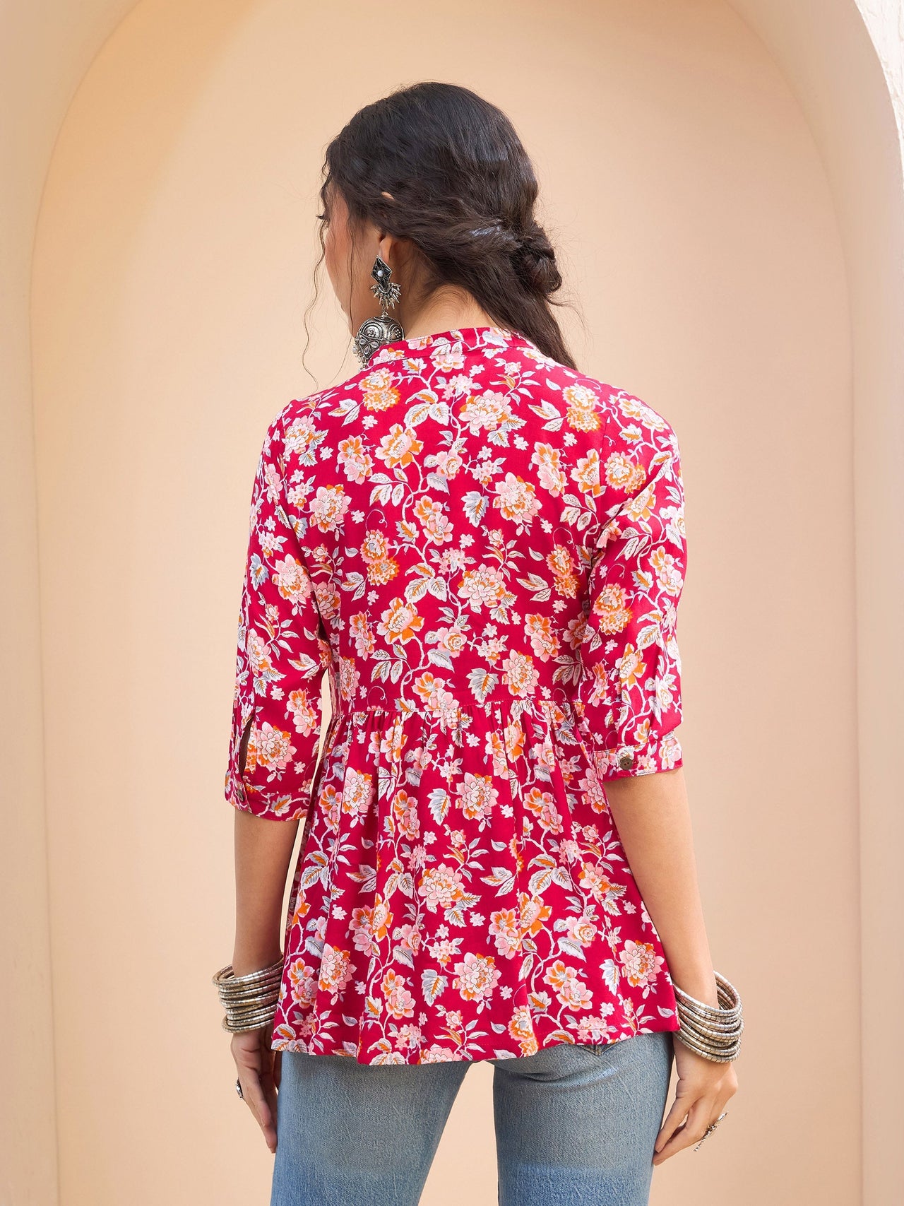 Lyush Women Red Floral Buttoned Gathered Kurti
